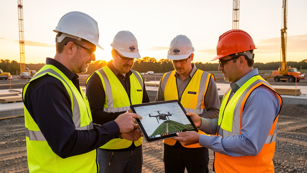 Professional surveyors in safety vests reviewing drone survey data on a tablet at a construction site