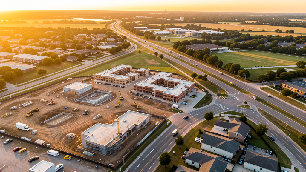 Drone survey in progress at a construction site in Allen, TX with local terrain visible