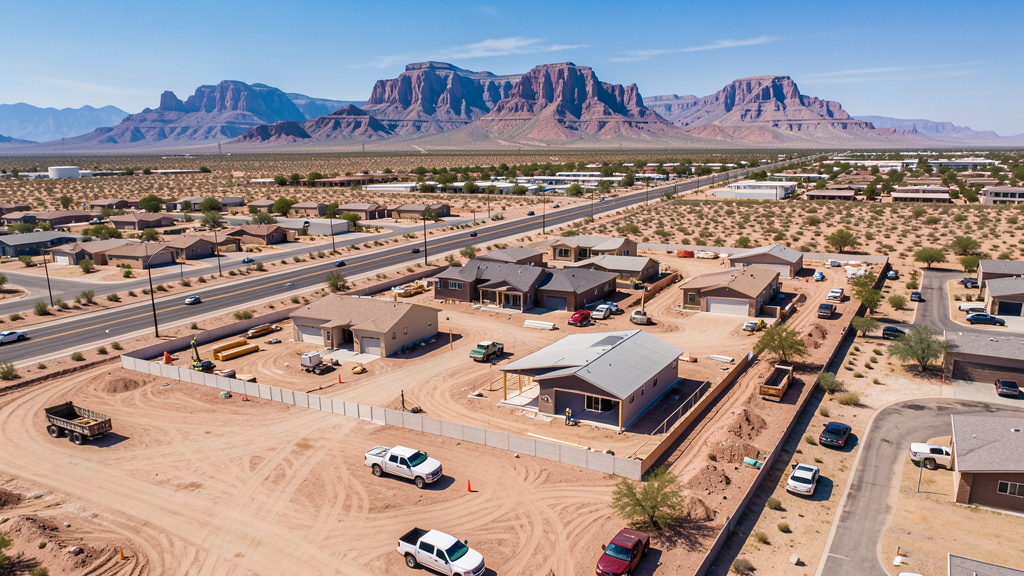 Drone survey in progress at a construction site in Apache Junction, AZ with local terrain visible