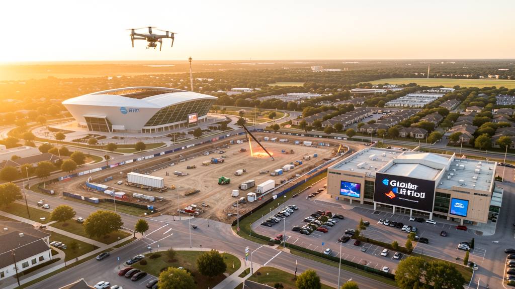 Drone survey in progress at a construction site in Arlington, TX with local terrain visible