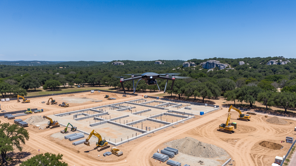 Drone survey in progress at a construction site in Austin, TX with local terrain visible