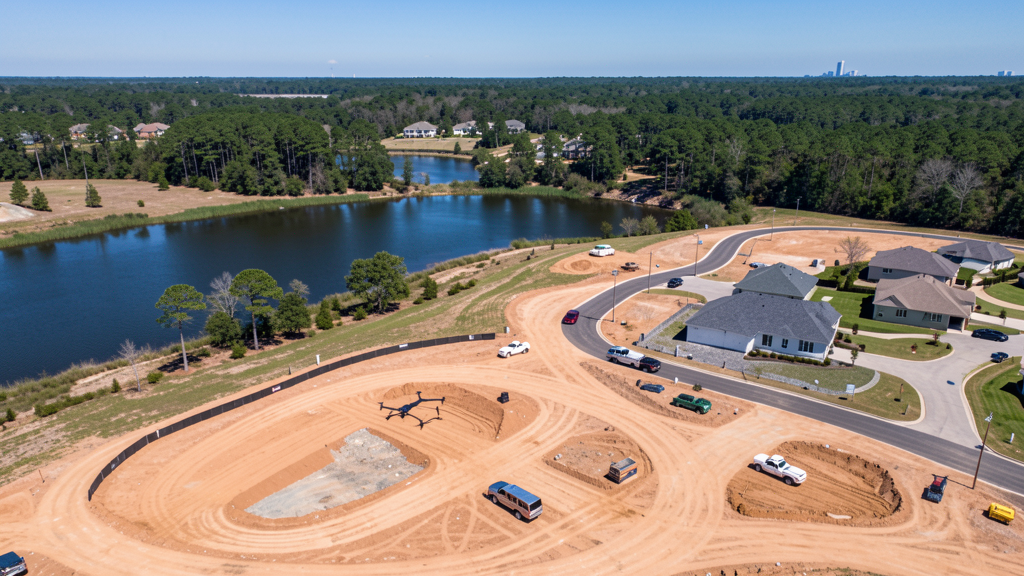 Drone survey in progress at a construction site in Bastrop, TX with local terrain visible