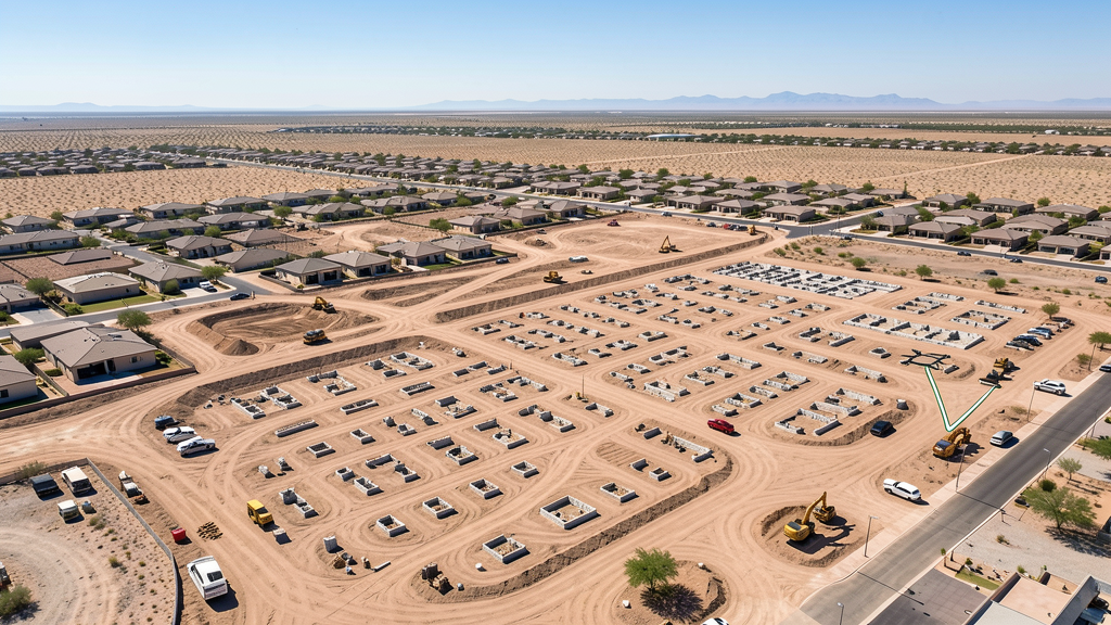 Drone survey in progress at a construction site in Buckeye, AZ with local terrain visible