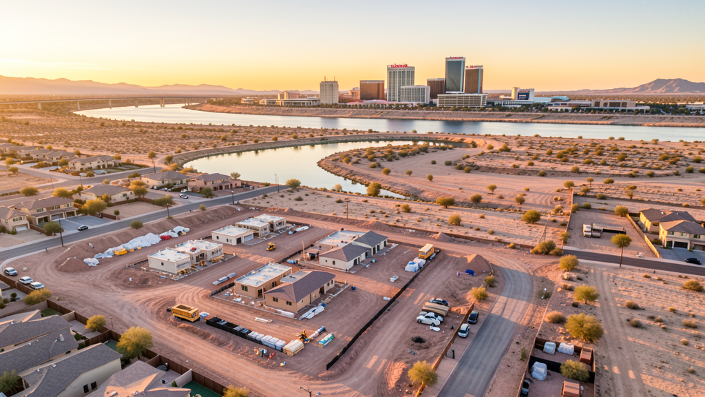 Drone survey in progress at a construction site in Bullhead City, AZ with local terrain visible