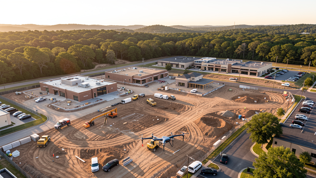 Drone survey in progress at a construction site in Cedar Park, TX with local terrain visible
