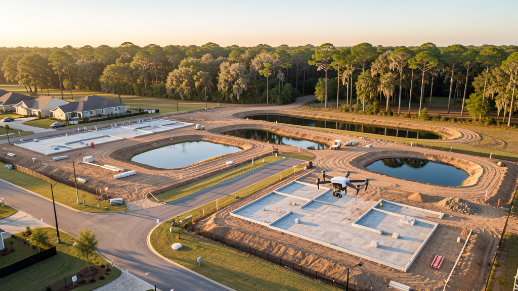 Drone survey in progress at a construction site in Cypress, TX with local terrain visible