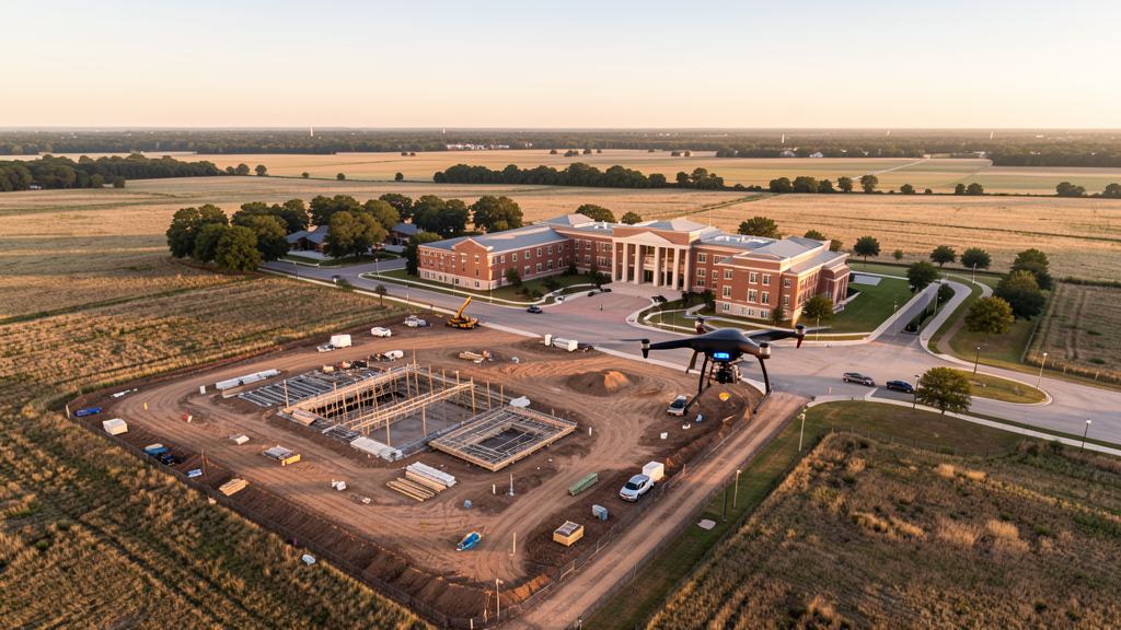 Drone survey in progress at a construction site in Denton, TX with local terrain visible