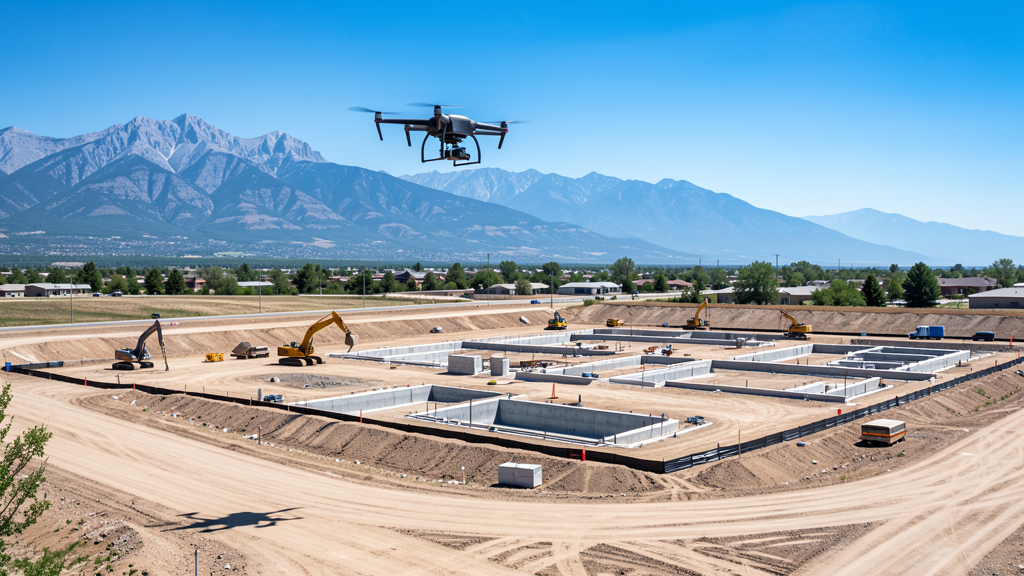 Drone survey in progress at a construction site in Denver, CO with local terrain visible