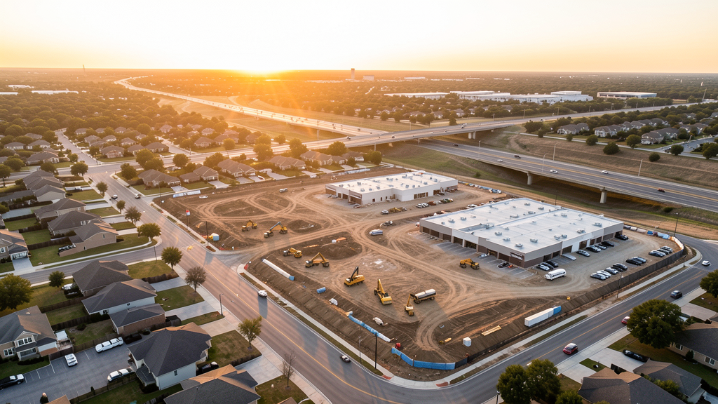 Drone survey in progress at a construction site in DeSoto, TX with local terrain visible