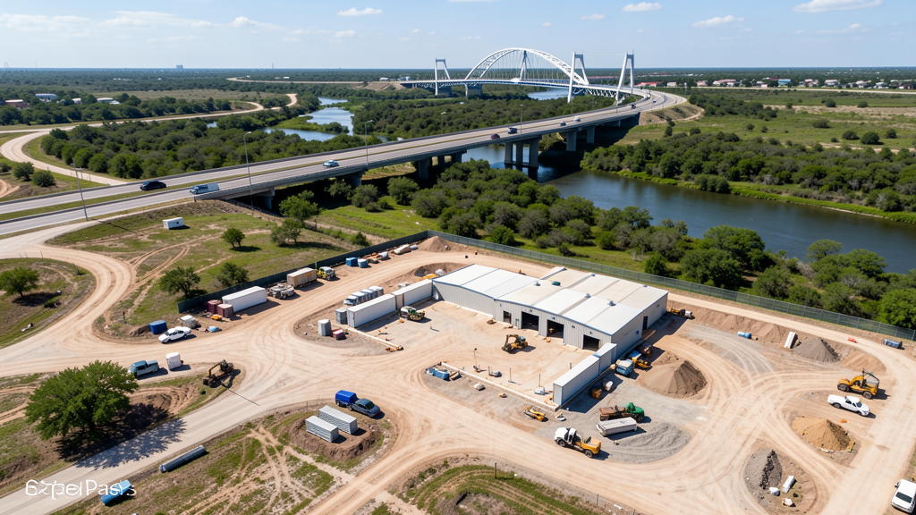 Drone survey in progress at a construction site in Eagle Pass, TX with local terrain visible