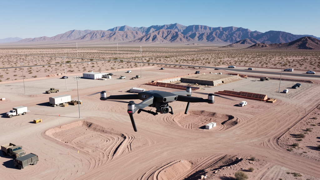 Drone survey in progress at a construction site in El Paso, TX with local terrain visible