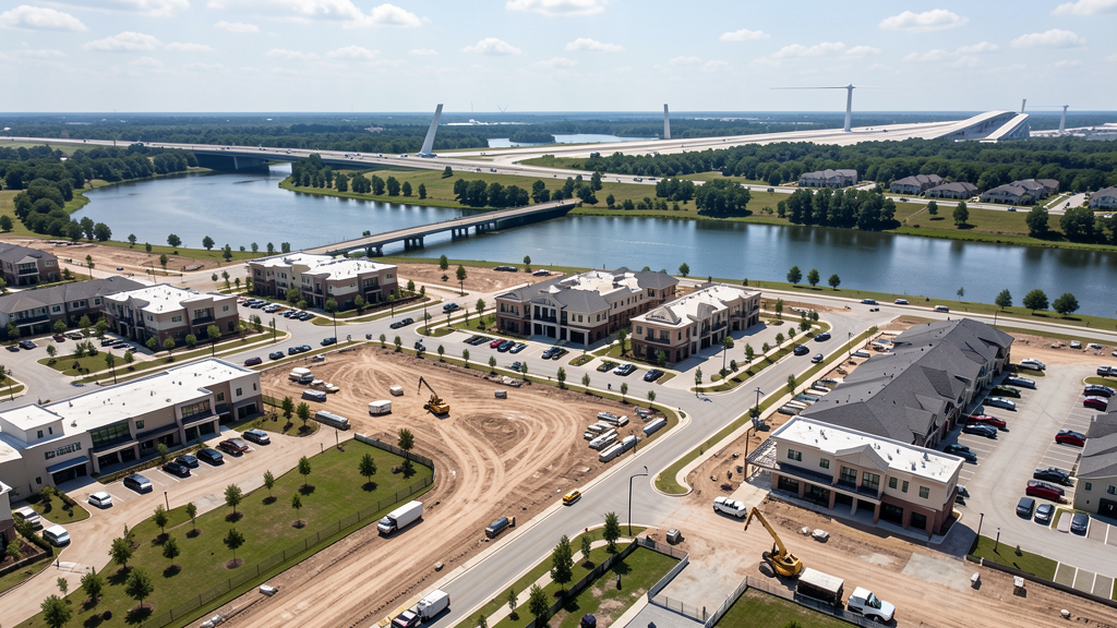 Drone survey in progress at a construction site in Flower Mound, TX with local terrain visible