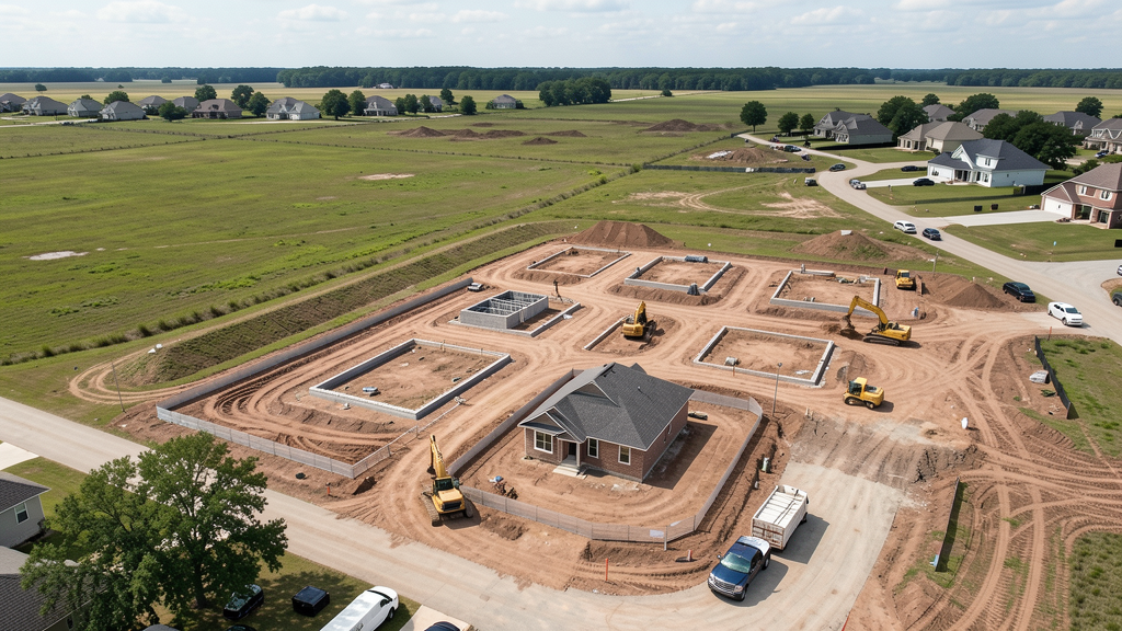 Drone survey in progress at a construction site in Forney, TX with local terrain visible