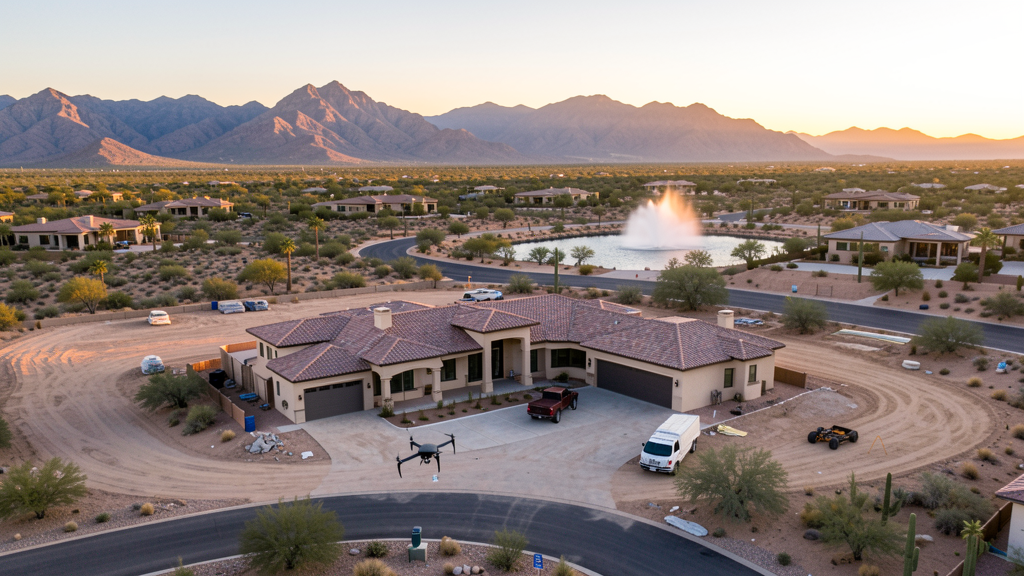 Drone survey in progress at a construction site in Fountain Hills, AZ with local terrain visible