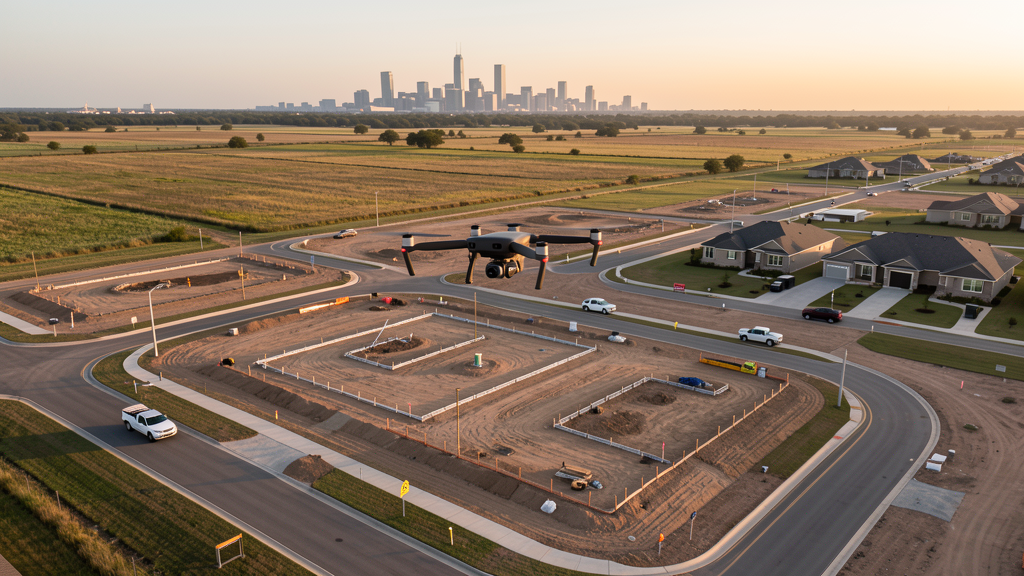 Drone survey in progress at a construction site in Frisco, TX with local terrain visible