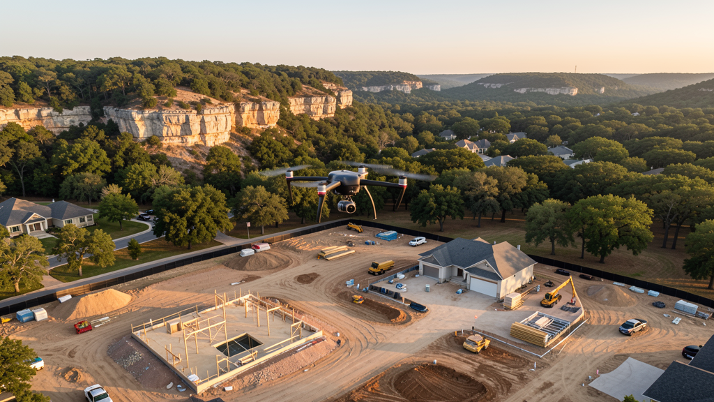 Drone survey in progress at a construction site in Georgetown, TX with local terrain visible