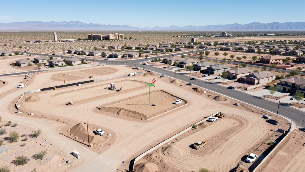 Drone survey in progress at a construction site in Gilbert, AZ with local terrain visible