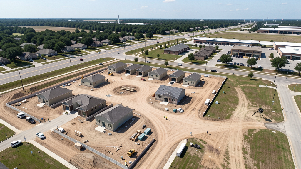 Drone survey in progress at a construction site in Harker Heights, TX with local terrain visible