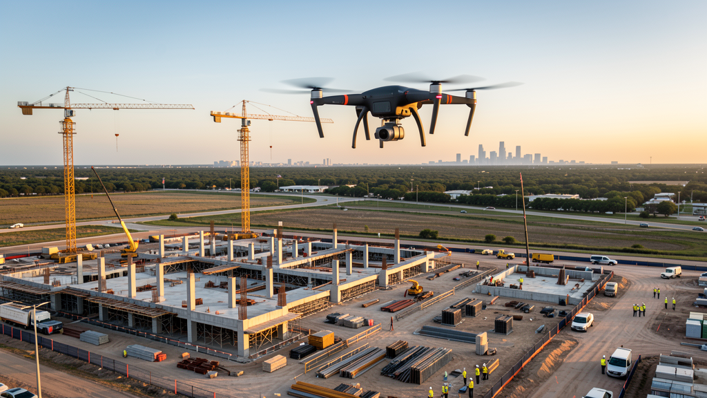 Drone survey in progress at a construction site in Houston, TX with local terrain visible