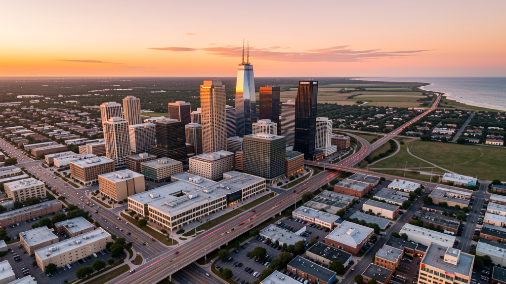 Aerial view of Houston, TX showing the local landscape and terrain relevant to drone survey operations