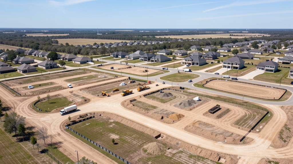 Drone survey in progress at a construction site in Hutto, TX with local terrain visible