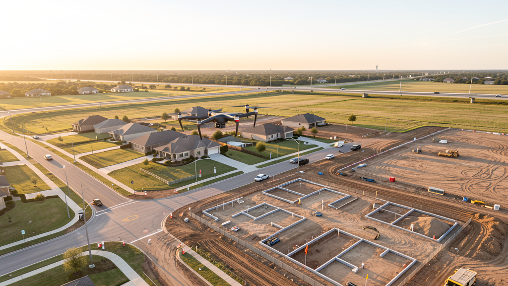 Drone survey in progress at a construction site in Katy, TX with local terrain visible