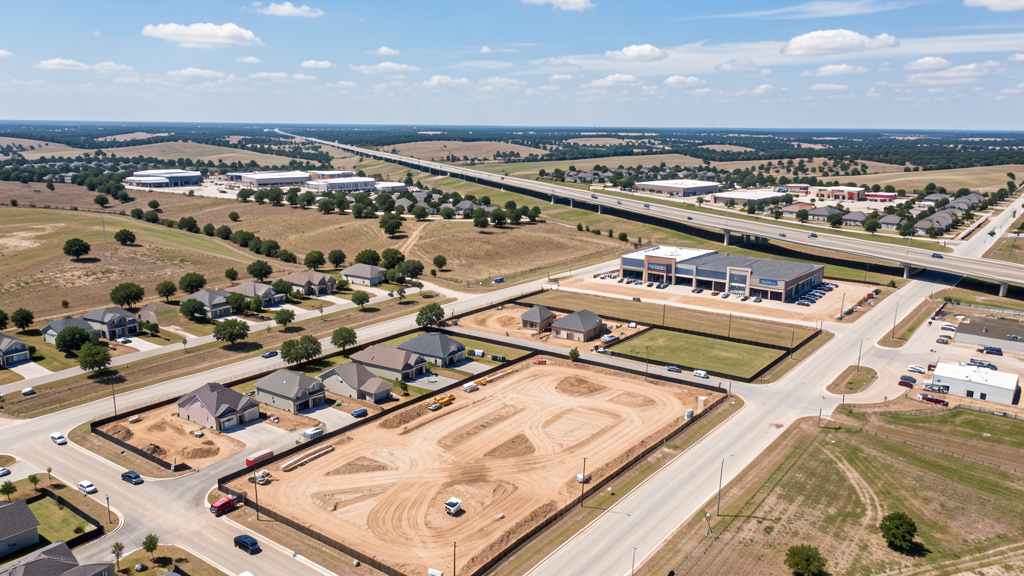 Drone survey in progress at a construction site in Kyle, TX with local terrain visible