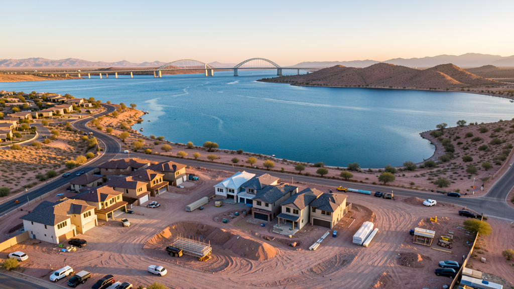 Drone survey in progress at a construction site in Lake Havasu City, AZ with local terrain visible