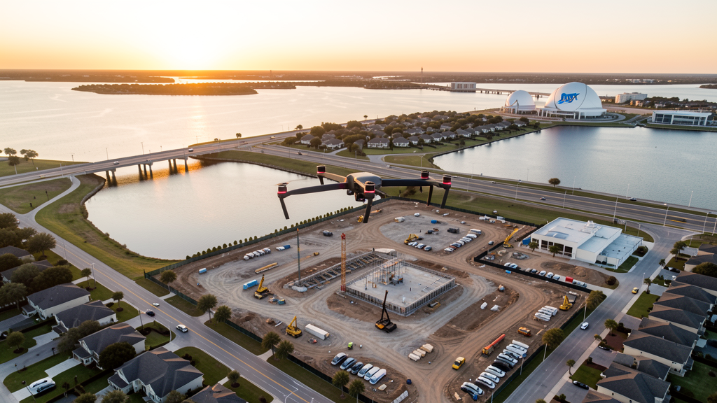 Drone survey in progress at a construction site in League City, TX with local terrain visible