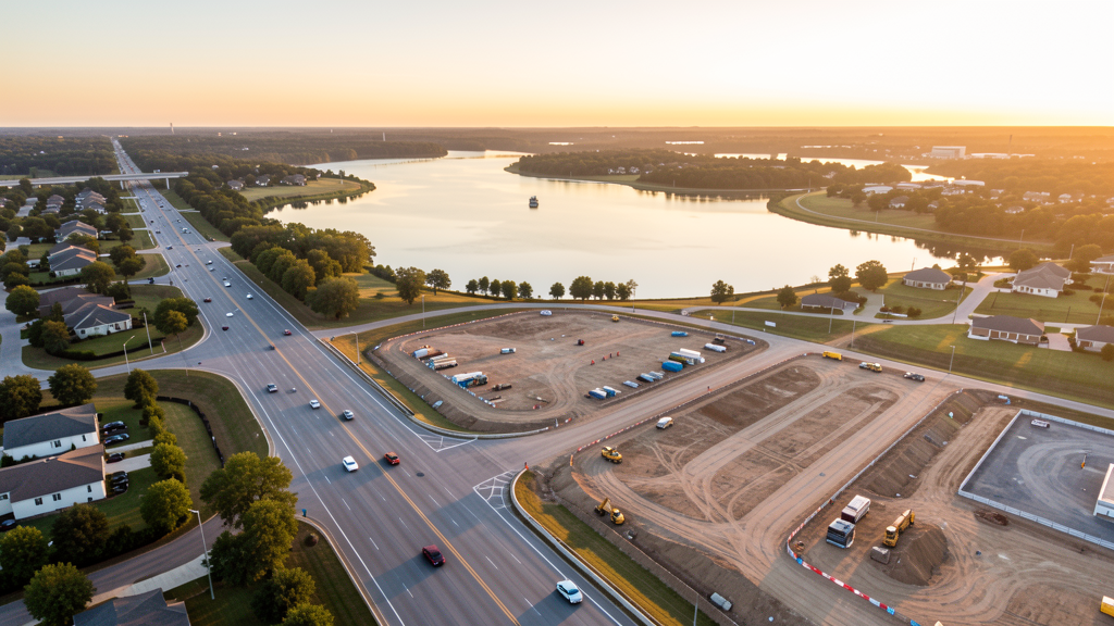 Drone survey in progress at a construction site in Lewisville, TX with local terrain visible