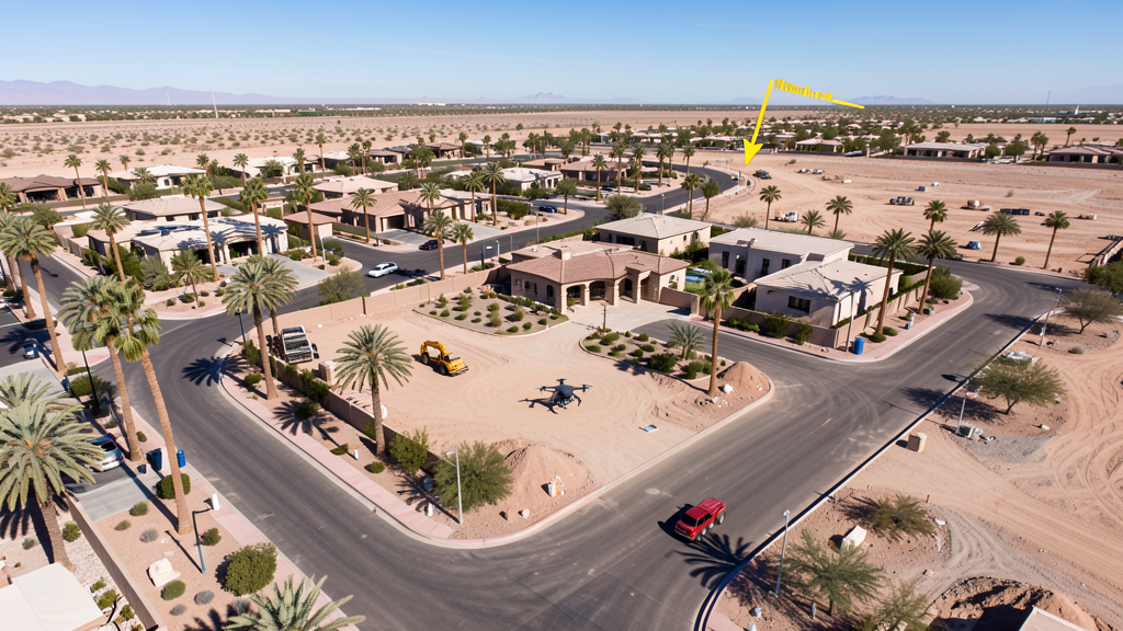 Drone survey in progress at a construction site in Litchfield Park, AZ with local terrain visible