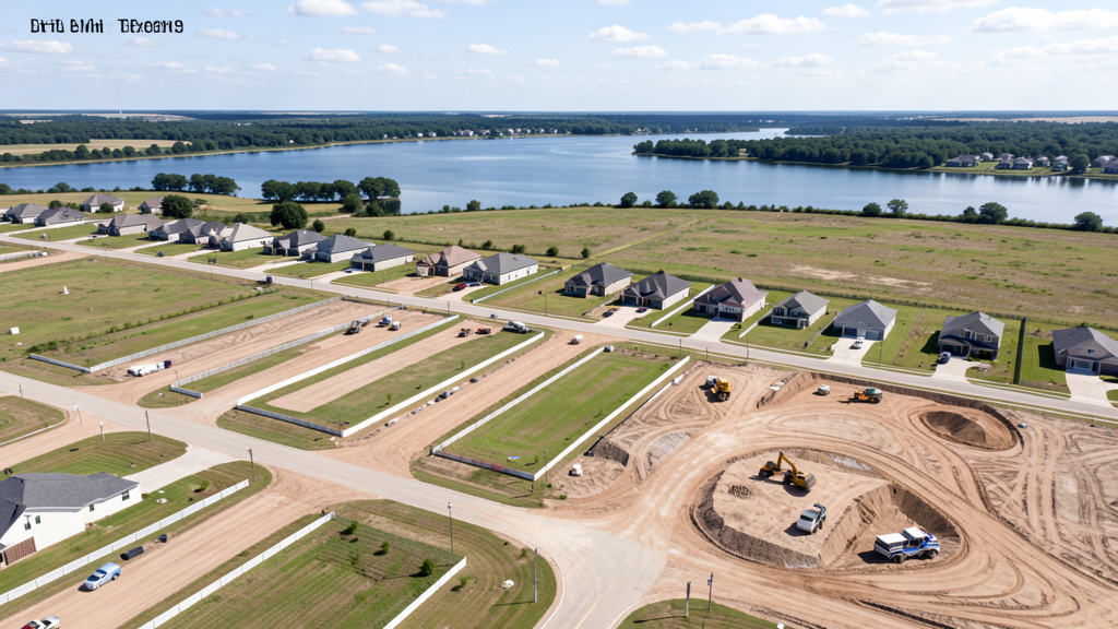 Drone survey in progress at a construction site in Little Elm, TX with local terrain visible