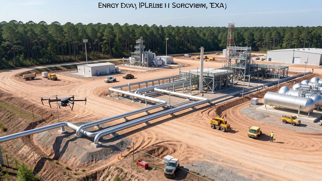 Drone survey in progress at a construction site in Longview, TX with local terrain visible