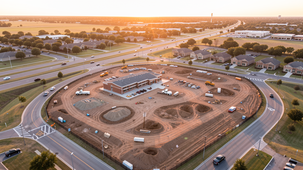 Drone survey in progress at a construction site in Mansfield, TX with local terrain visible