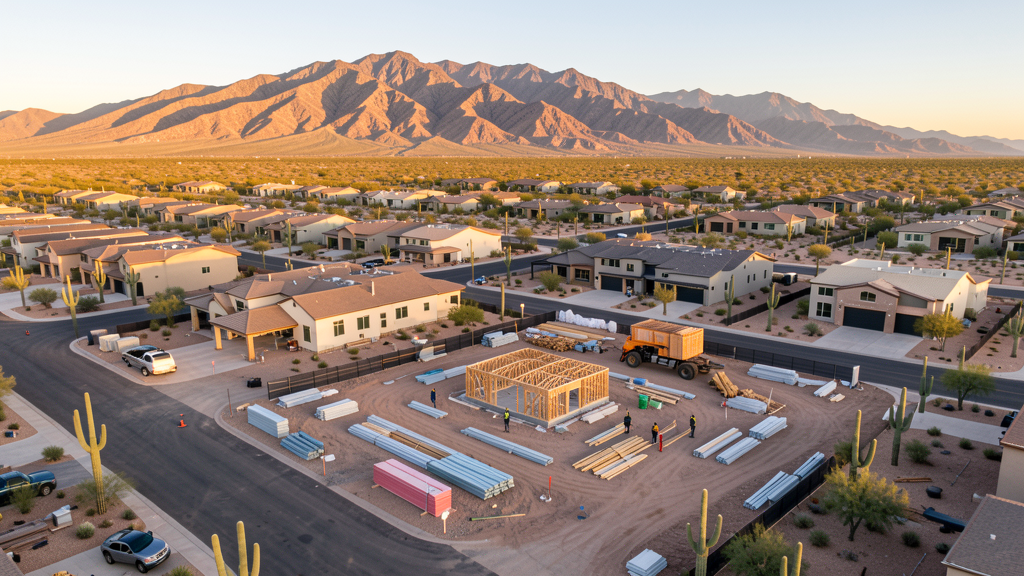 Drone survey in progress at a construction site in Marana, AZ with local terrain visible