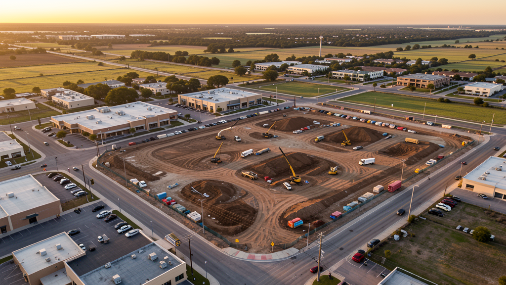 Drone survey in progress at a construction site in McAllen, TX with local terrain visible