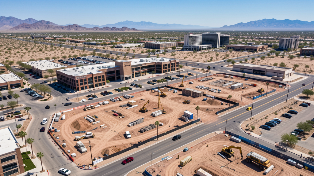 Drone survey in progress at a construction site in Mesa, AZ with local terrain visible