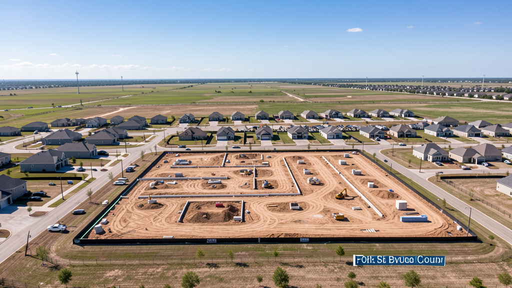 Drone survey in progress at a construction site in Missouri City, TX with local terrain visible