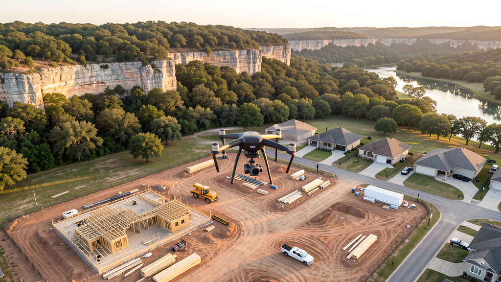 Drone survey in progress at a construction site in New Braunfels, TX with local terrain visible