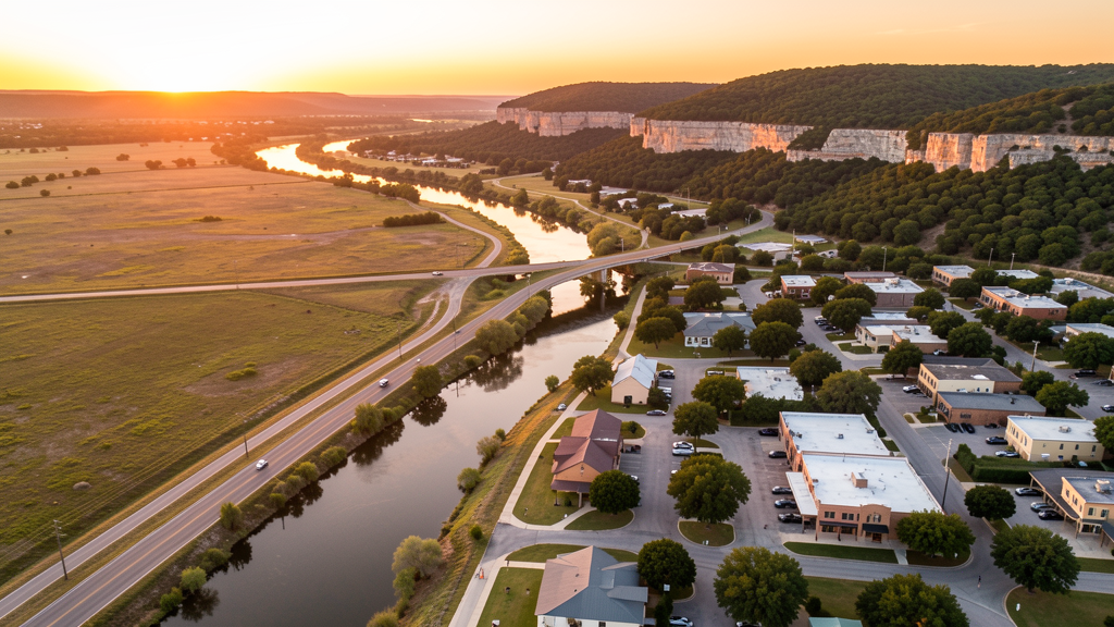 Aerial view of New Braunfels, TX showing the local landscape and terrain relevant to drone survey operations