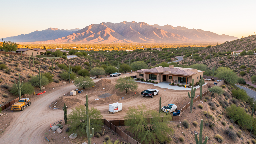 Drone survey in progress at a construction site in Oro Valley, AZ with local terrain visible