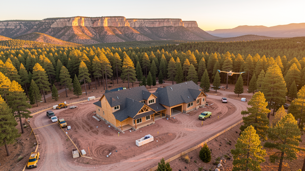 Drone survey in progress at a construction site in Payson, AZ with local terrain visible