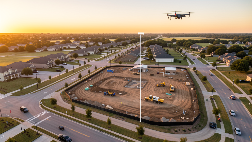 Drone survey in progress at a construction site in Pflugerville, TX with local terrain visible