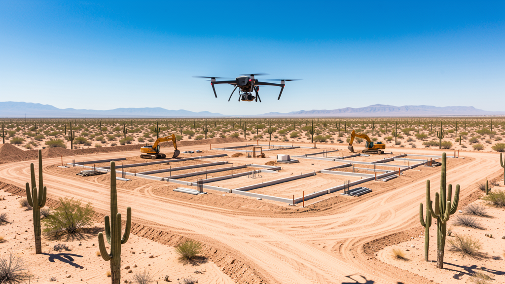 Drone survey in progress at a construction site in Phoenix, AZ with local terrain visible