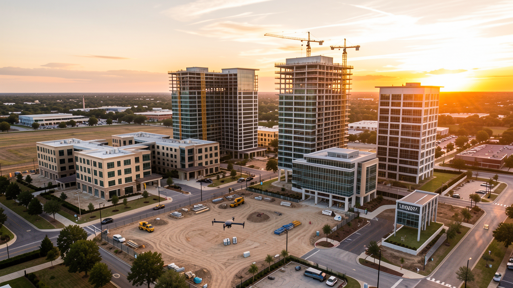Drone survey in progress at a construction site in Plano, TX with local terrain visible