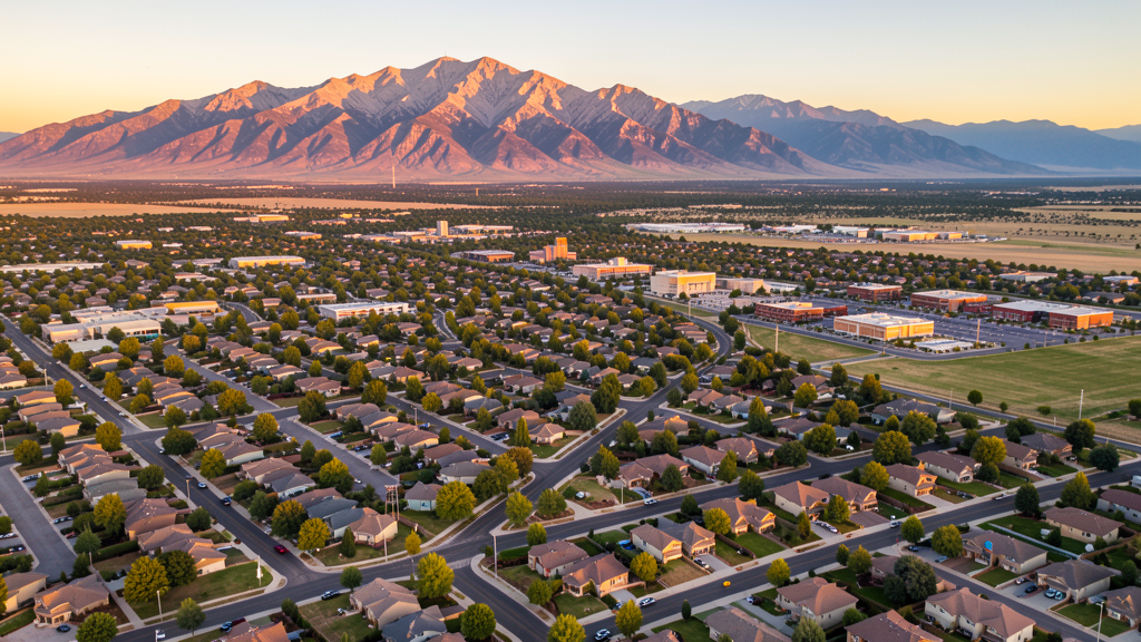 Aerial view of Pleasant Grove, UT showing the local landscape and terrain relevant to drone survey operations