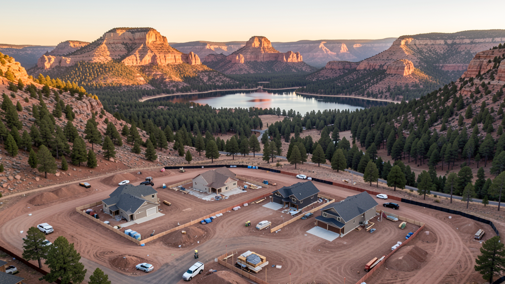 Drone survey in progress at a construction site in Prescott, AZ with local terrain visible
