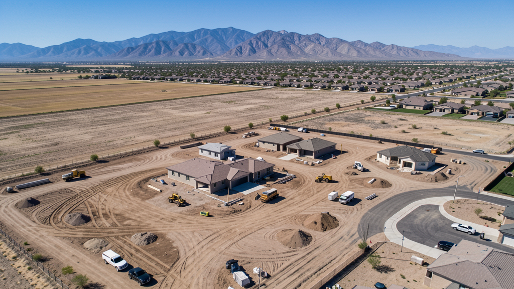 Drone survey in progress at a construction site in Queen Creek, AZ with local terrain visible