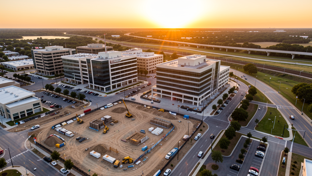 Drone survey in progress at a construction site in Richardson, TX with local terrain visible