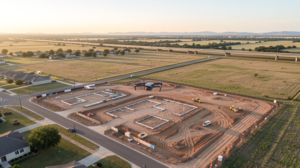 Drone survey in progress at a construction site in Round Rock, TX with local terrain visible